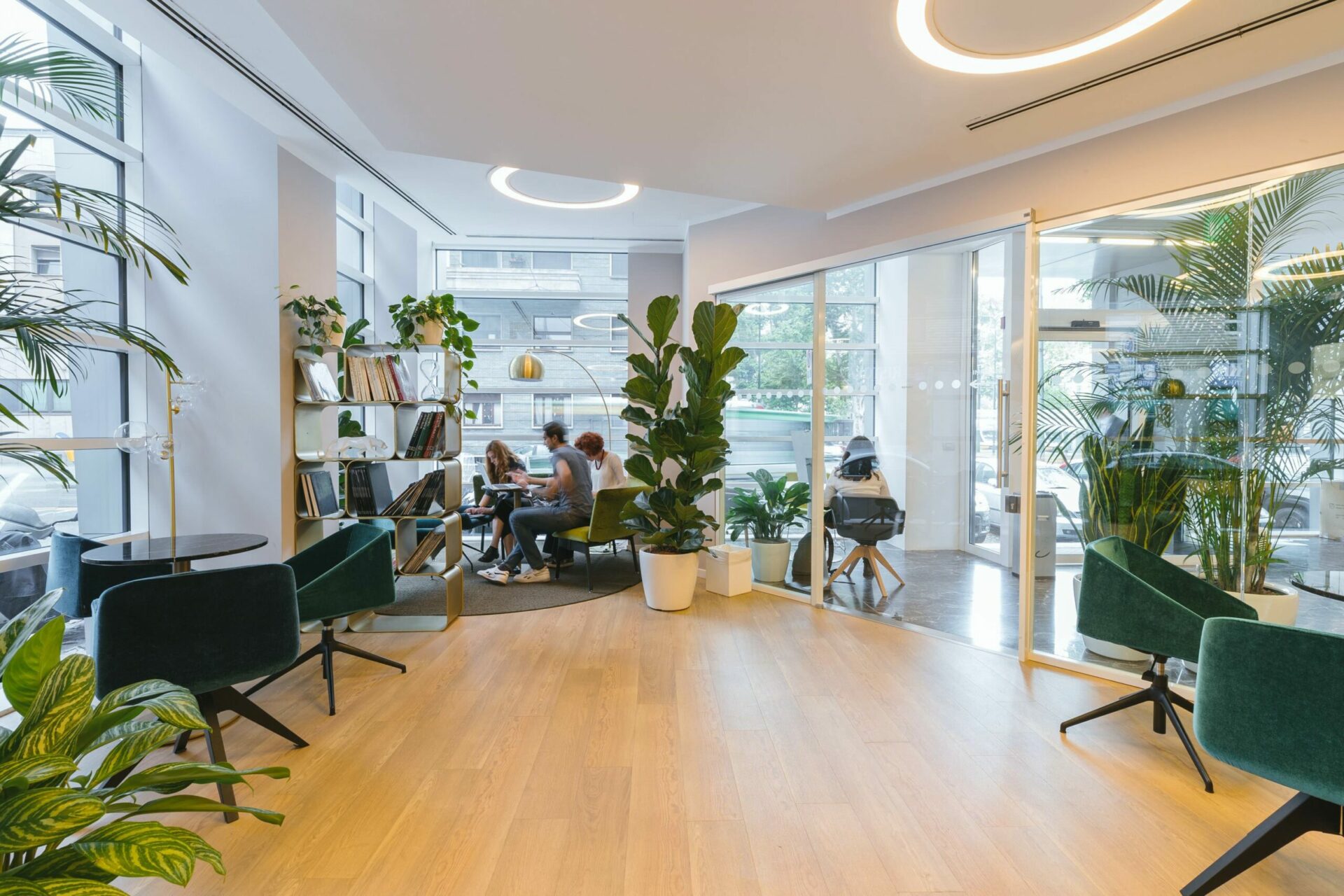 Büro mit vielen grünen Pflanzen und großer Glasfront