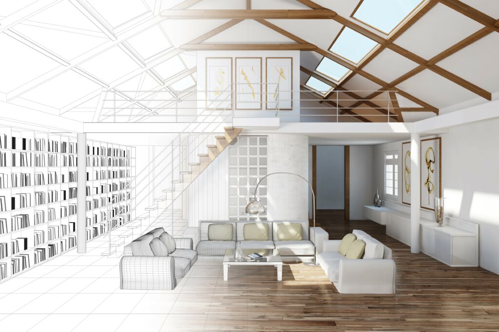 Raumplanung für ein Wohnzimmer im Dachgeschoss